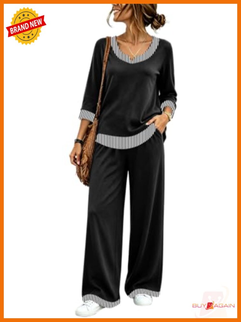 2 Piece Lounge Set 3/4 Sleeve Crew Neck Top Wide Leg Pants Polyester Spandex